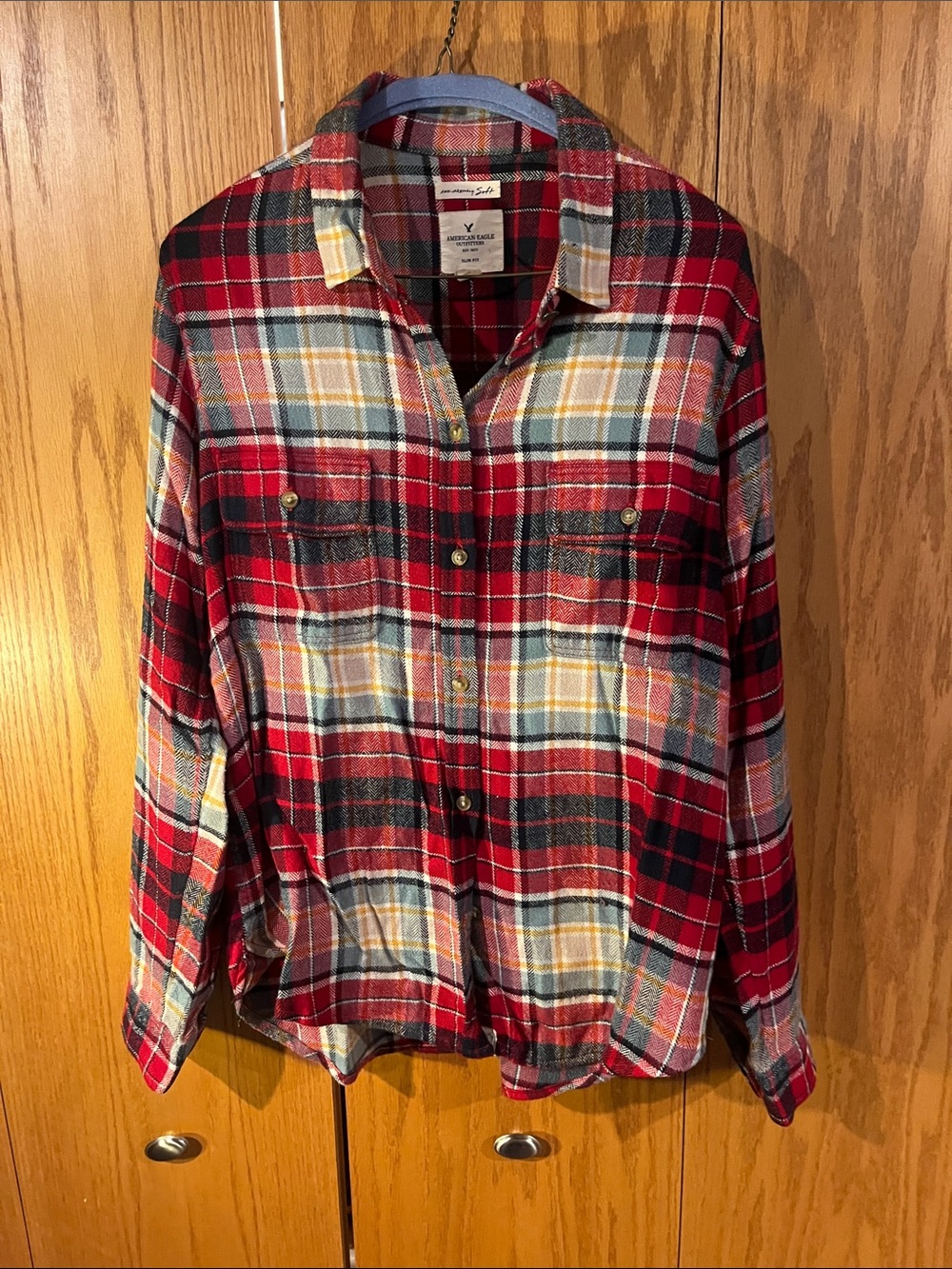 American Eagle Outfitters Red Plaid Button-Down Shirt